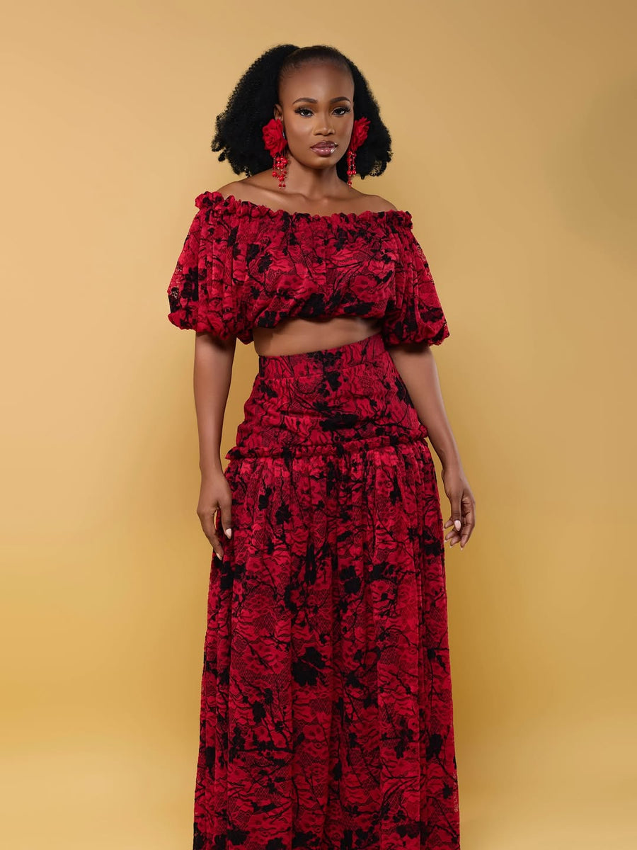 ENSEMBLE JUPE DENTELLES ROUGE NOIR