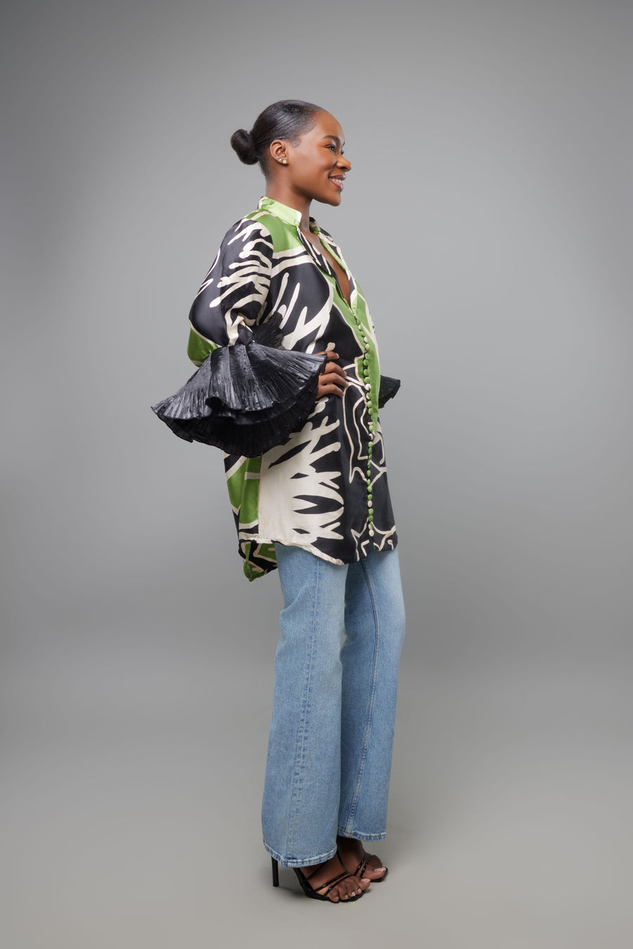 ROBE WHISPERS AT DINER FLOWER SLEEVE BEIGE NOIR VERT