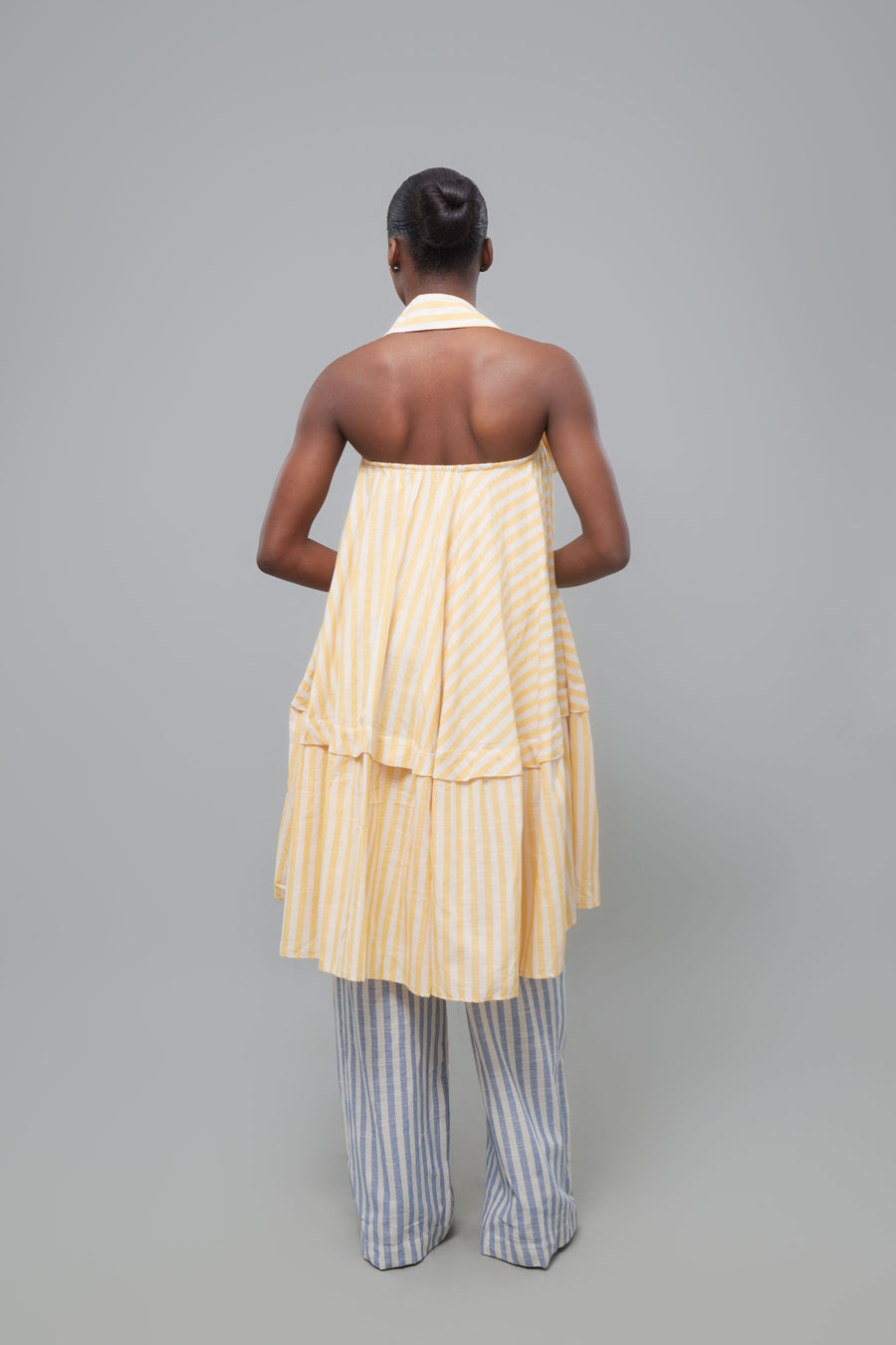 ENSEMBLE BUSTIER PANTALON LIN JAUNE GRIS