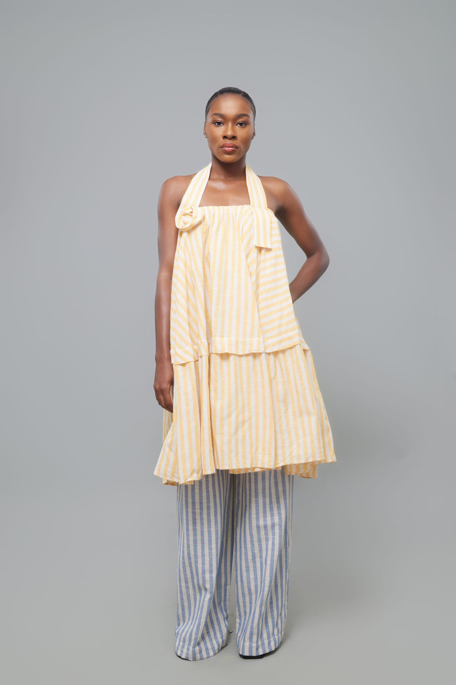 ENSEMBLE BUSTIER PANTALON LIN JAUNE GRIS